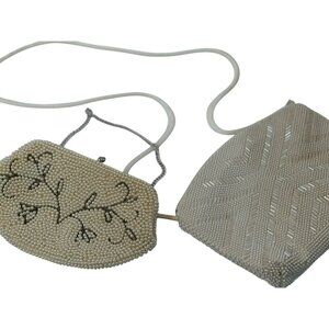 VTG Beaded Evening Clutch Bags Set of 2 White & Cream Floral + Geometric Purses